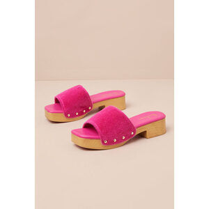 Lulus Paley Fuchsia Faux Fur Platform Slide Sandals Pink - Size 6